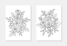 Vector Heart Bouquet Rose Flower Feaf Composition Coloring Book Outline Illustration