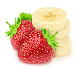 Wall Mural - Composite image with heap of banana slices with the strawberries isolated on a white background.