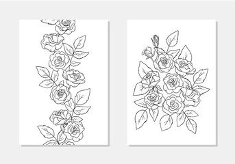 Wall Mural - vector rose  flower leaf bouquet vertical seamless border pattern floral coloring page line art outline