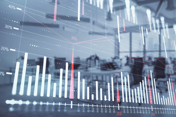 Wall Mural - Stock and bond market graph with trading desk bank office interior on background. Multi exposure. Concept of financial analysis