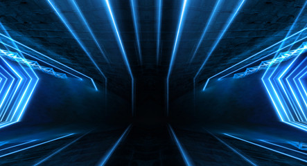 Wall Mural - abstract light tunnel, blue background, stage, portal with rays, neon lights and spotlights. dark em