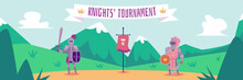 Knight Tournament - Flat Cartoon Banner With Two Fighters In Metal Armor