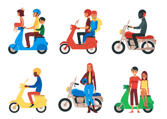 Sticker - People riding motorcycle - flat cartoon set isolated on white background.