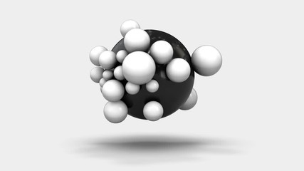 Poster - 3D animation of many white balls around a big black one.