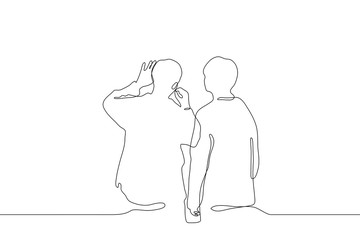 Poster - continuous line art two men stand at the blackboard one of them writes, the other watches over his shoulder. It can be used for animation. Vector