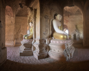 Panorama of Ancient Temple Interior with the Seated Buddhas in Bagan, Myanmar