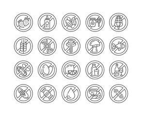 Wall Mural - Allergen food free line black icons set. Allergenic ingredients. Food intolerance. Signs for web page, mobile app, button, logo.