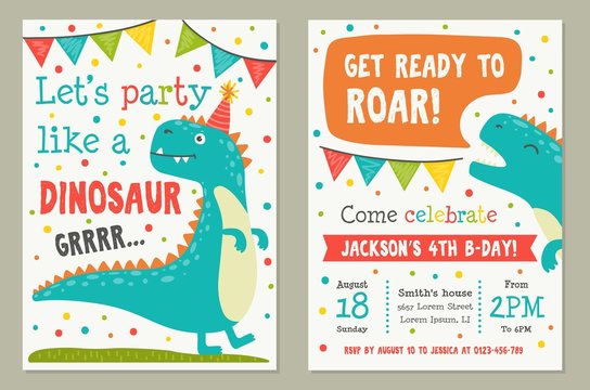 Wall Mural - Dinosaur toy party invitation card template vector illustration. Lets party like dino and get ready to roar, poster decorated by funny animal, time icon and confetti