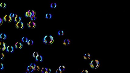 colorful soap bubbles fly across black background.