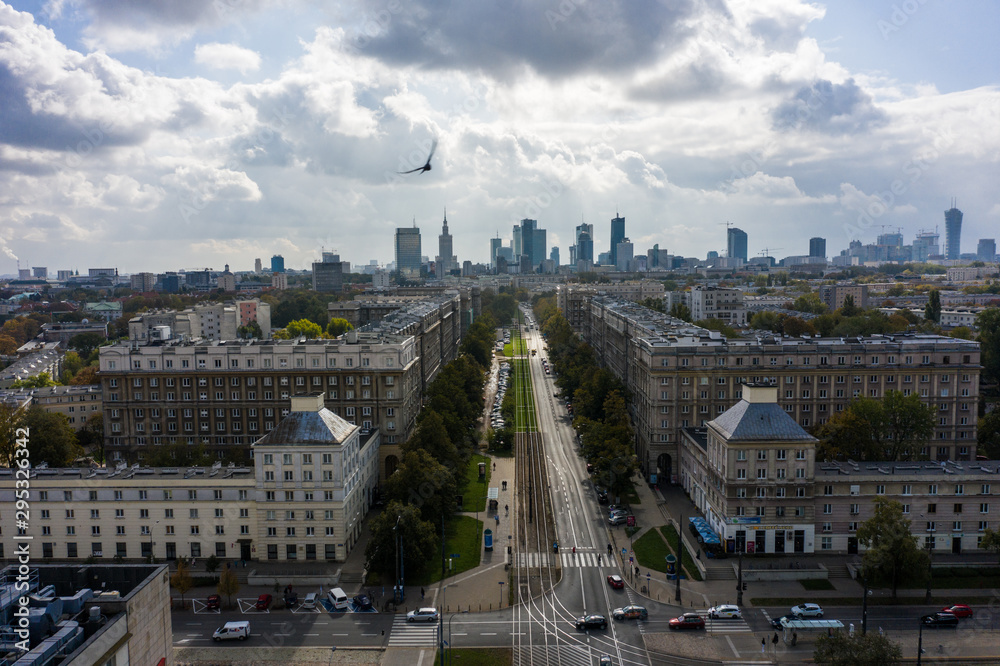 Warsaw skyline aerial unmanned aerial view from above, modern skyscrapers and city buildings of Warsaw. Poland. 19. May. 2019. Beautiful daytime view in center with modern skyscrapers and buildings. - obrazy, fototapety, plakaty 