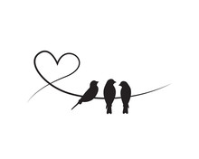 Birds Silhouettes On Wire In Shape Of Heart, Vector. Wall Decals, Wall Artwork. Minimalist Poster Design Isolated On White Background