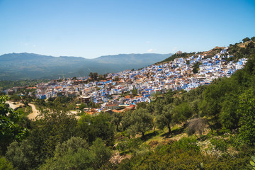 Scenic panoramic view of Chefchaouen from a hill on a sunny day, known as the blue city, Morocco