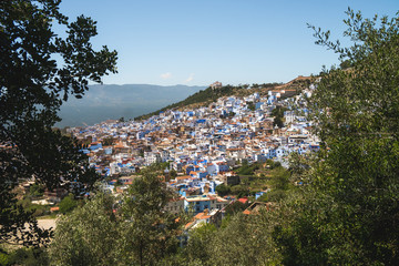 Scenic panoramic view of Chefchaouen from a hill on a sunny day, known as the blue city, Morocco