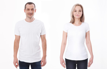 Wall Mural - T-shirt design fashion concept, closeup of woman and man in blank white t-shirt, shirt front isolated. Mock up.