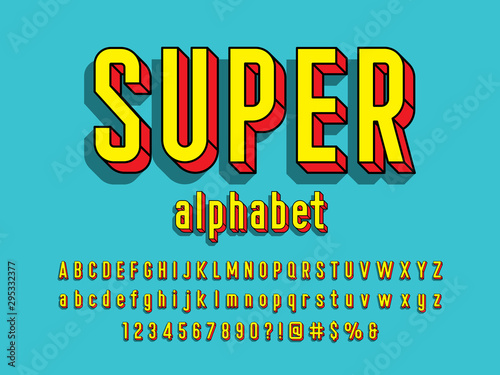 Superhero comic style vector font with uppercase, lowercase, numbers and symbols