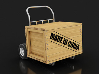Poster - Wooden crate with Made in China on Hand Truck. Image with clipping path