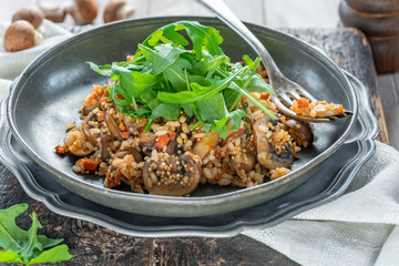 Sticker - Mushroom, chorizo and thyme risotto with rocket lettuce