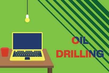 Poster - Text sign showing Oil Drilling. Business photo showcasing involves the drilling and pumping of oil from underground wells Front view open laptop lying on wooden desktop light bulb falling glass