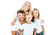© LIGHTFIELD STUDIOS - happy family in white t-shirts looking at camera and smiling isolated on white