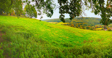 Panorama Of The Countryside In Wales With Green Field - View Of Green Fields And Farmlands In Rural North Wales
