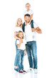 © LIGHTFIELD STUDIOS - happy father holding son on shoulders near wife and daughter on white