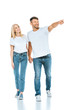 © LIGHTFIELD STUDIOS - happy man holding hands with woman and pointing with finger on white