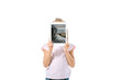 © LIGHTFIELD STUDIOS - kid covering face while holding digital tablet with tickets app on screen isolated on white