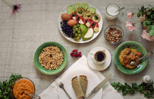 Healthy Breakfast On Tablecloth, Top View, Copy Space