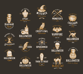 Wall Mural - vintage style halloween logos or labels template big set. hand drawn vampire bat, scull, tomb, cat, 