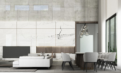 Wall Mural - Modern minimal style of living and dining area with sofa set, white marble wall decorate and grey floor tile. 3d rendering