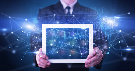 Poster - Elegant hand holding tablet with virtual database and network concept