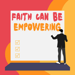 Wall Mural - Conceptual hand writing showing Faith Can Be Empowering. Concept meaning Trust and Believing in ourselves that we can do it Back view young woman watching blank big rectangle