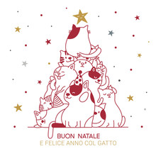 Cat Christmas Tree With Italian Best Wishes For Holidays. Biglietto D’auguri Per Natale Con Tanti Gatti Pacioccosi.
