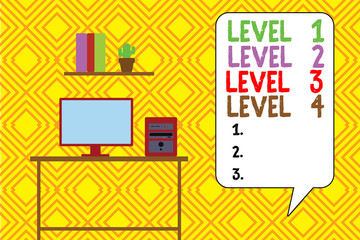 Writing note showing Level 1, 2, 3 and 4. Business concept for Steps levels of a process work flow Desktop computer with wooden table shelf books flower pot