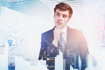 Poster - Thoughtful man in smart city, digital interface
