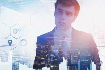 Poster - Pensive man in smart city, digital interface