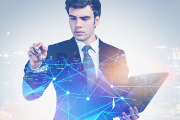 Poster - Businessman working with network interface in city