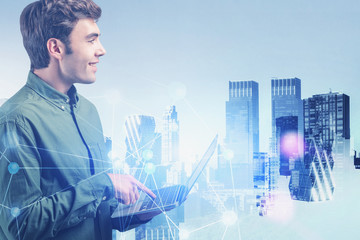 Poster - Smiling programmer in city, network interface
