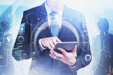 Poster - Manager using tablet in city, graphical interface