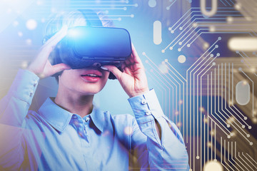 Poster - Young woman in VR headset, circuit interface