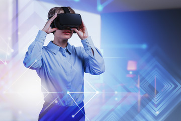 Poster - Woman in VR glasses at home, virtual interface