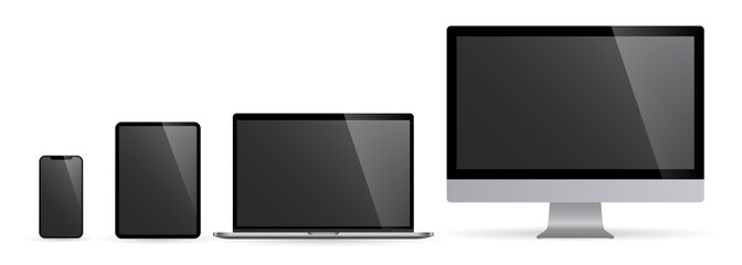 Poster - Realistic set of computer monitors desktop laptop tablet and phone with black screens.