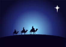 Christmas Scene Kings Wise Men In Silhouette And Star On Navy Blue Background. Christian Nativity Greeting Card Birth Of Christ, Vector Banner Or Greeting Card