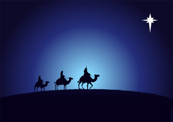christmas scene kings wise men in silhouette and star on navy blue background. christian nativity gr
