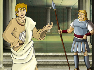 cartoon scene with roman or greek warrior - ancient character near some ancient building like temple illustration for children