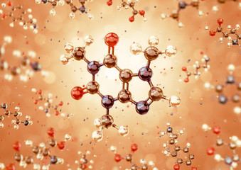 Molecule Of Caffeine. 3D model of a caffeine represented in form of a schematic molecular structure freely levitating among of other organic substances. 3D rendering graphics.