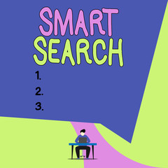 Conceptual hand writing showing Smart Search. Concept meaning tool used in recording software for searching based on motion View young man sitting chair desk working open laptop