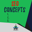 © Artur - Handwriting text Seo Concepts. Conceptual photo a process of increasing the quality of website traffic View young man sitting chair desk working open laptop geometric background