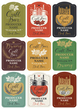 Set Of Nine Vector Labels For Craft Beer And Brewery With Handwritten Inscriptions, Hop Cones, Spikelets And Image Of Brewery Production And Brewing Equipment In Retro Style