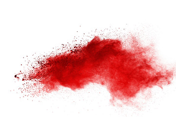 Wall Mural - red powder explosion on white background. colored cloud. colorful dust explode. paint holi.